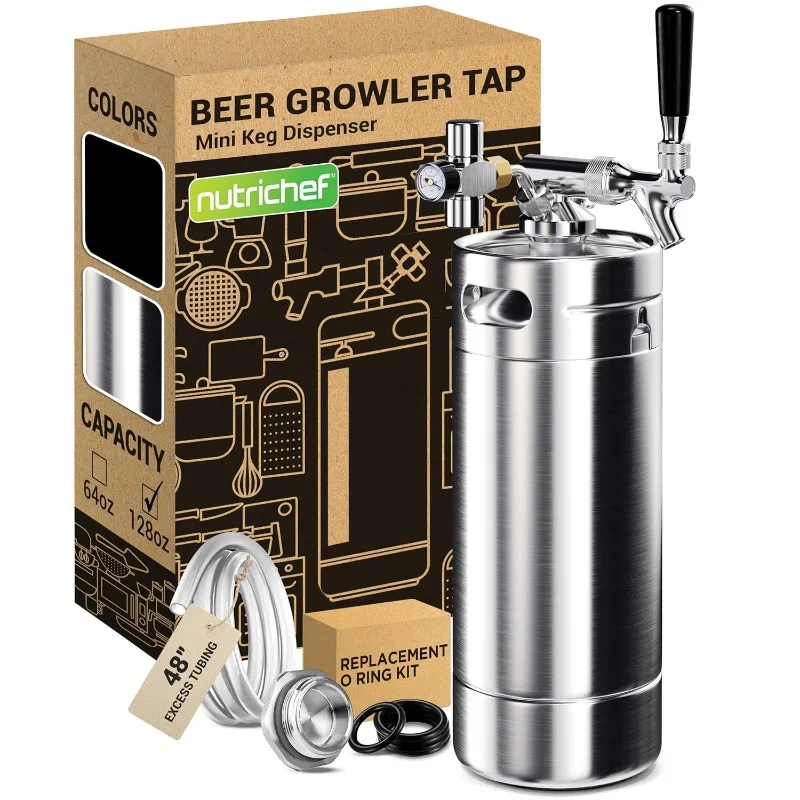 NutriChef Pressurized Growler Tap System, 128oz Stainless Steel Mini Keg Dispenser Portable Kegerator Kit,Co2 Pressure Regulator