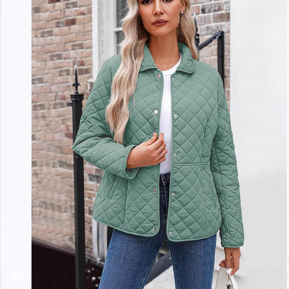 2025 Womens Coats Bovenkleding Autumn Winter Solid Color Cotton Coat Women's Lapel Button Single-breasted Rhombus Quilted Jacket
