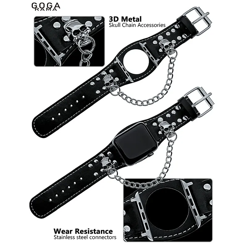 Bracciale con teschio alla moda compatibile con cinturini per Apple Watch 49mm 45mm 44mm 42mm 41mm 40mm 38mm cinturino Steampunk con catena punk