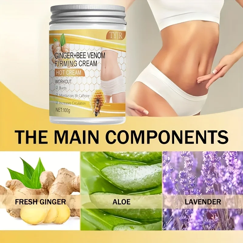 100 g de crema reafirmante de veneno de abeja y jengibre. Con aloe y café para firme y hidrata la piel en el abdomen, los brazos y las piernas.