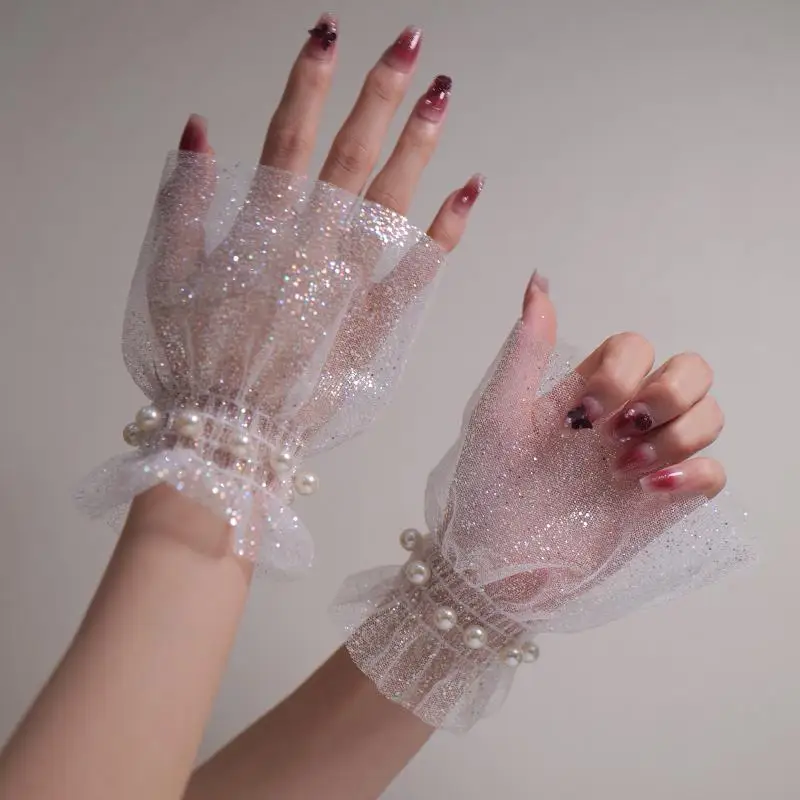 

Nail Photo Equipment Short Pearl Lace Wrist Fake Sleeves Bride Decorative False Cuff Tulle Item Nail Art Take Picture Background