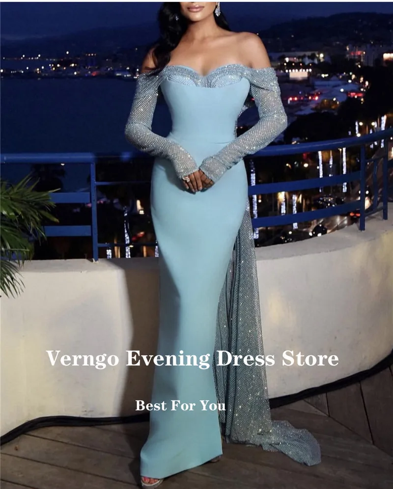 Verngo Glitter Light Sky Blue Long Sleeves Evening Dresses Off the Shoulder Sweetheart Fitted Formal Prom Gown Celebrity Dress