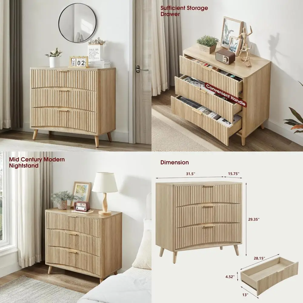 Large Modern 3 Drawer Oak Wood Dresser, Bedroom Chest of Drawers, Nightstand, Storage Furniture