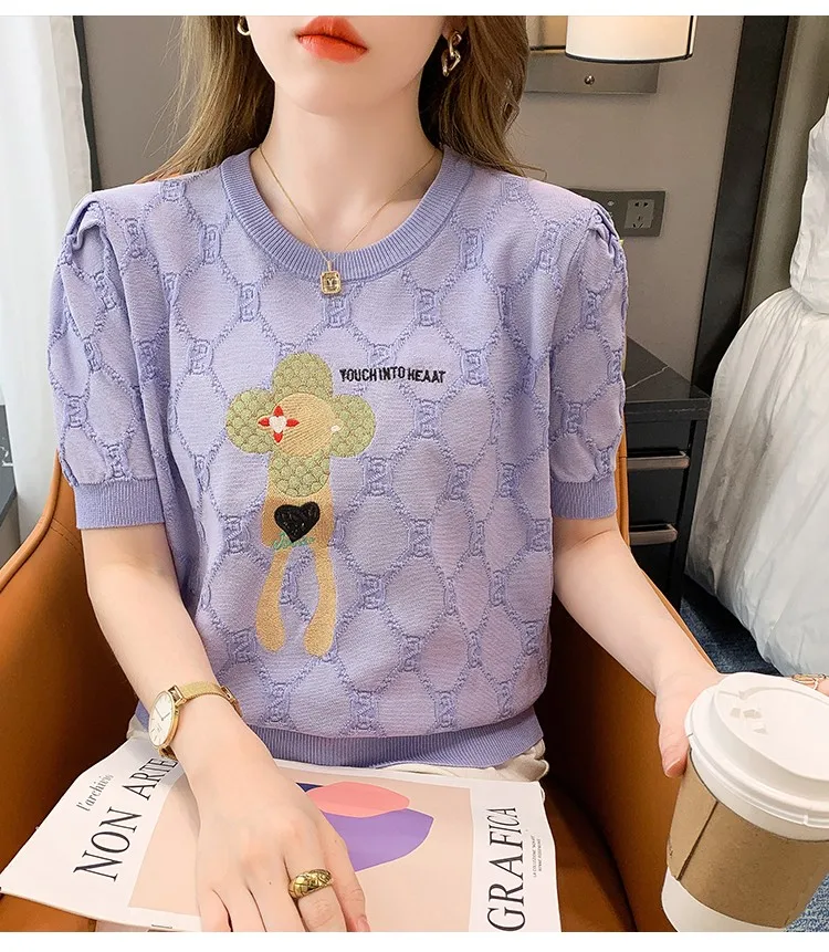 Summer Cartoon Embroidered Women Pullover T-shirt Sweet Fashion Chic Sweaters Tops Short Sleeve Loose Female Casual Knitwear