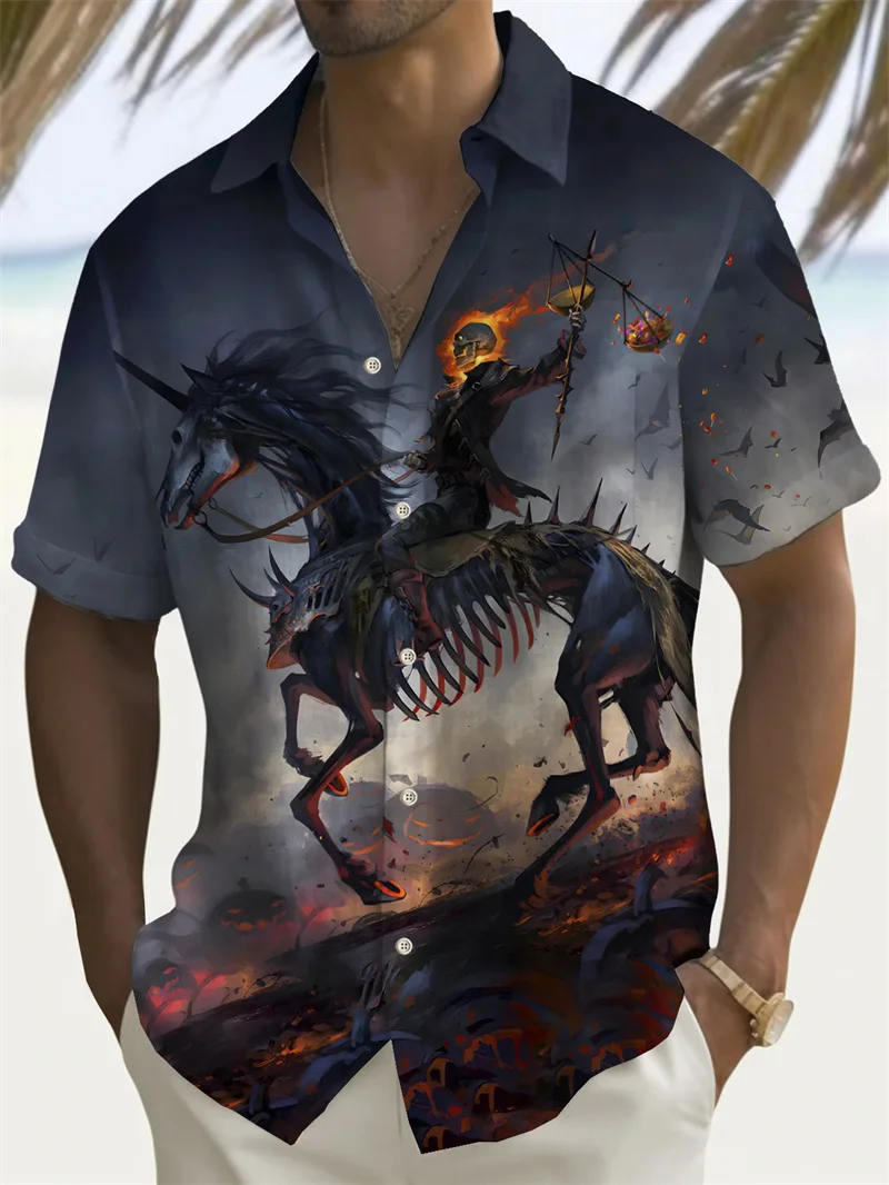 Terrifying skeleton, eerie pumpkin pattern Halloween party men's shirt vacation funny summer collar short sleeved shirt