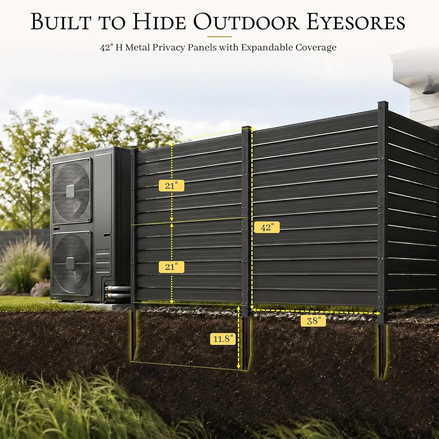 Outdoor Privacy Screen Fence Panels, Metal Air Conditioner Enclosure, Louvered HVAC Trash Can Shield For Backyard Patio Garden, Weatherproof Freestanding Divider, Modern Style, Black, 3 Pack