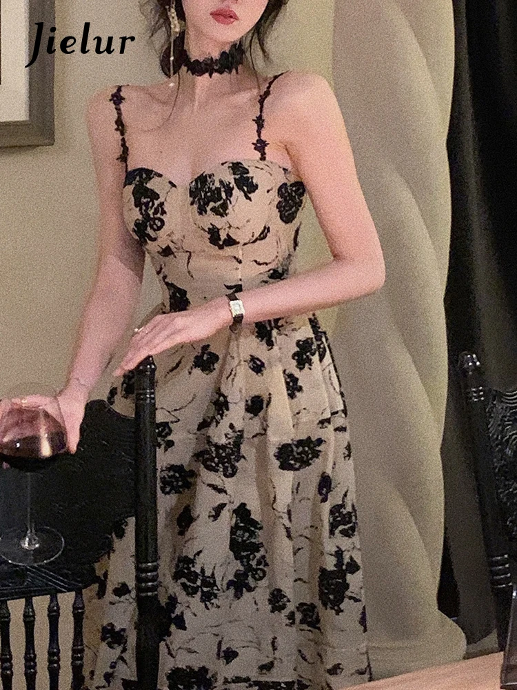 Jielur Sommer Floral Strap Midi Kleid Frauen Ärmellose Elegante Vintage Kleid Abend Party Einteiliges Kleid Koreanische Mode