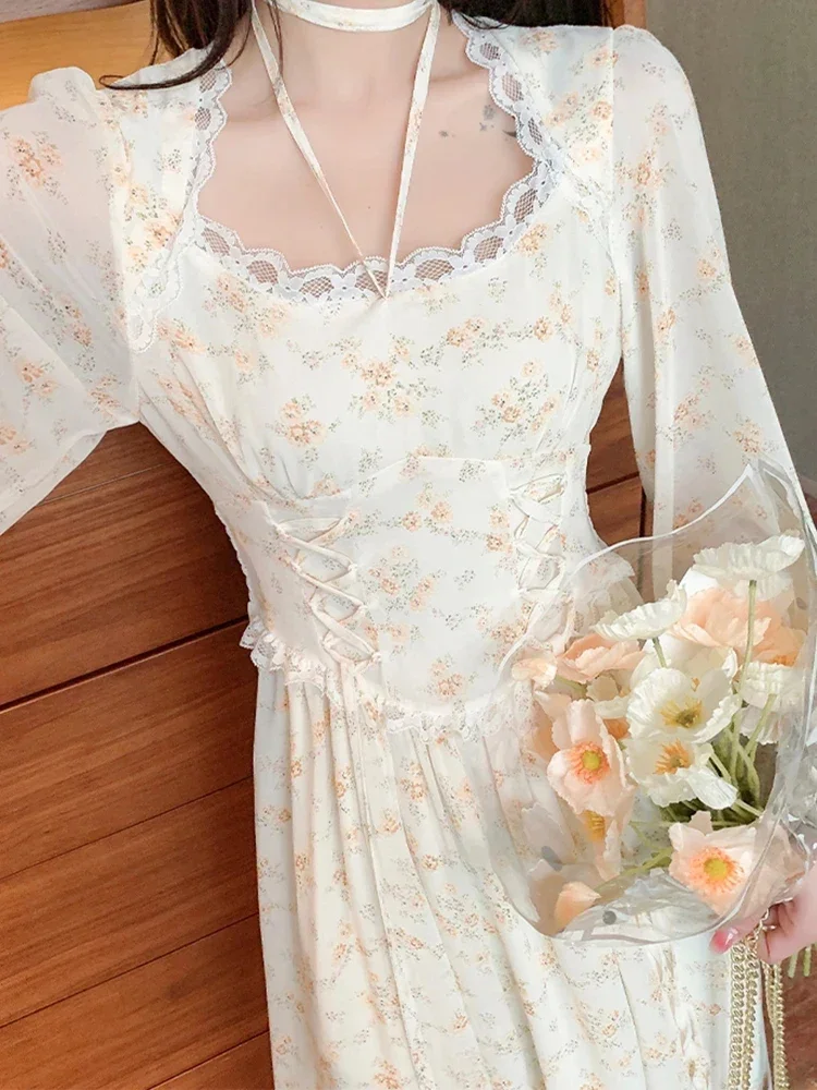 Elegant Women's Y2K Midi Dress Korean Fashion Sweet Retro Flower Party Full Sleeve Dress Perfect Spring Casual Lace Dresses