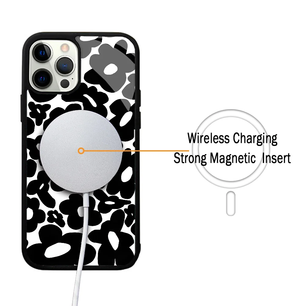 60s 70s Hippie Flowers Black Case For iphone 11 12 13 14 15 Plus Pro Max Mirror Acrylic For Magsafe Wireless Charging