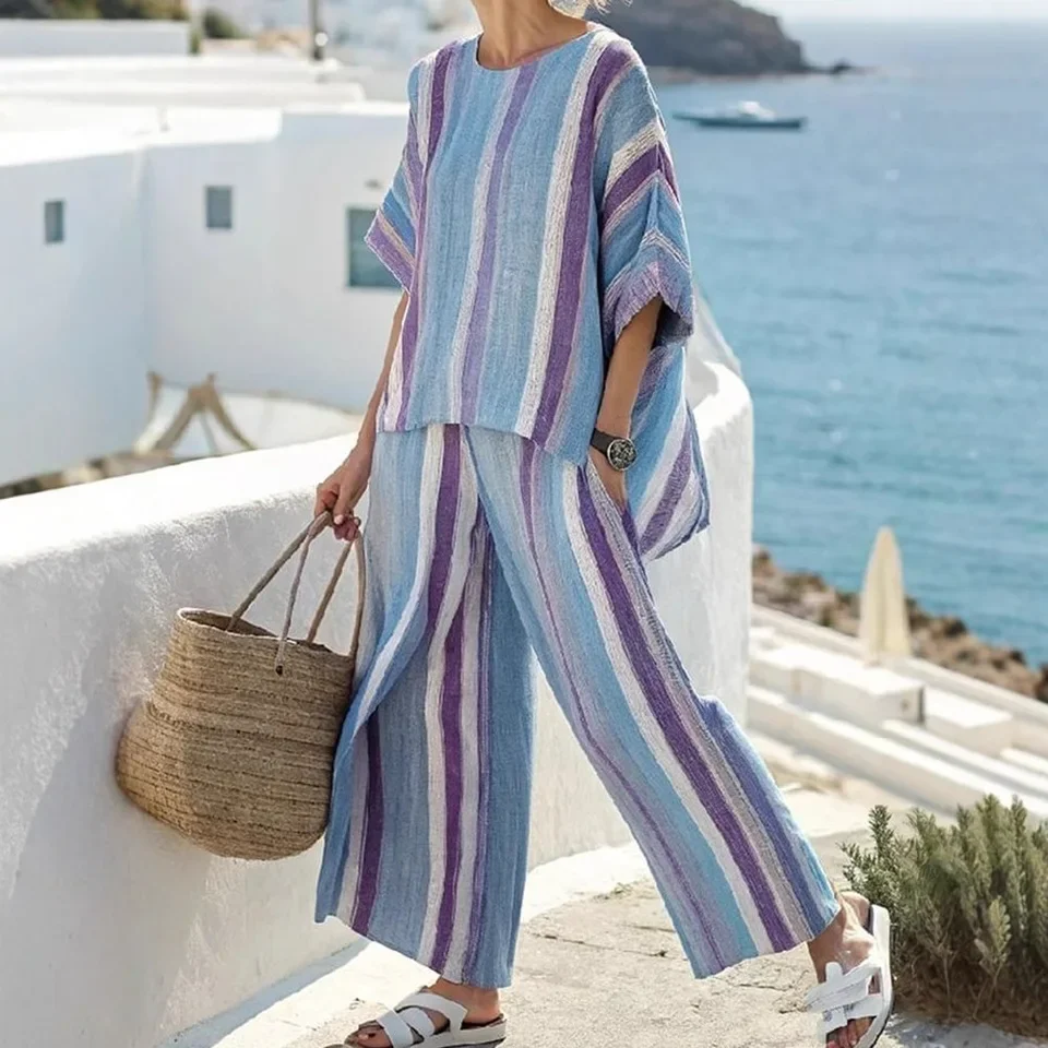 Summer Casual Half Sleeve Women Spring Autumn Set O-neck Wide Leg Pants Simple Fashion Outfit New Ladies Beach Vacation Suits