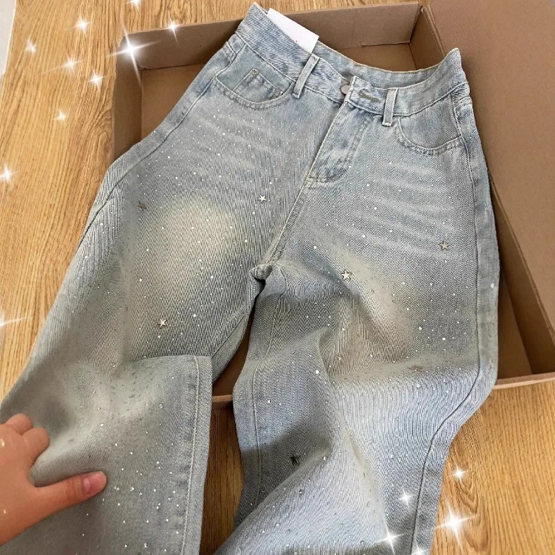 Sommer Neue Mode Joker Gerade Hosen Jeans Amerikanische Hellfarbige Sterne Strass Glänzende Hochgeschnittene Schlanke Weitbeinige Jeans
