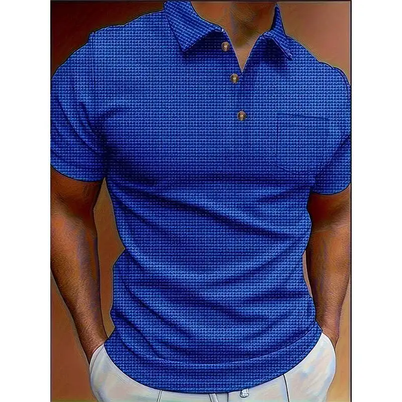

New Summer Waffle Men's Polo Shirt Short-Sleeved T-Shirt Slim Button Top Business Plaid Casual