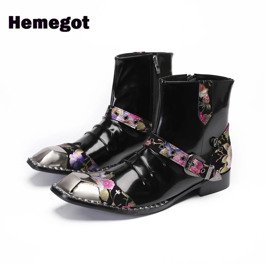 

Flower Prints Men's Boots Black Patent Leather Novelty Stylish Side Zipper Men Boots Big Size 37-47 Botas Zapatillas Mujer