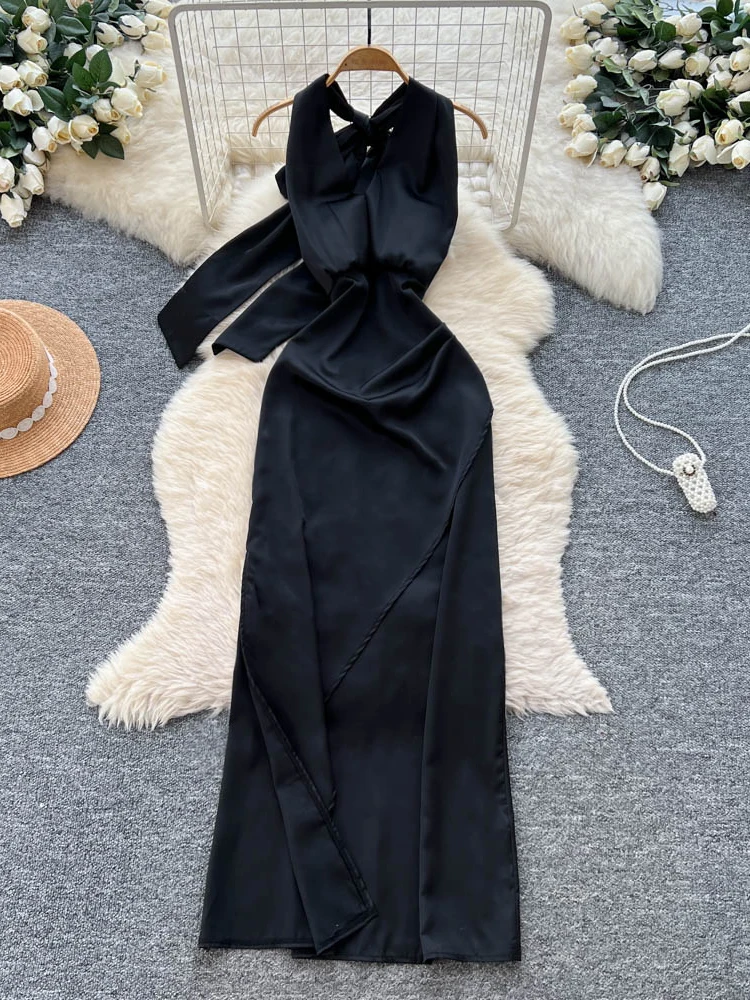 

Сексуальная женская атласная длинная юбка Pure Desire Dr Ne с подвесным ремешком и высокой талией, трапециевидной силуэт, летний сезон Ci Commute