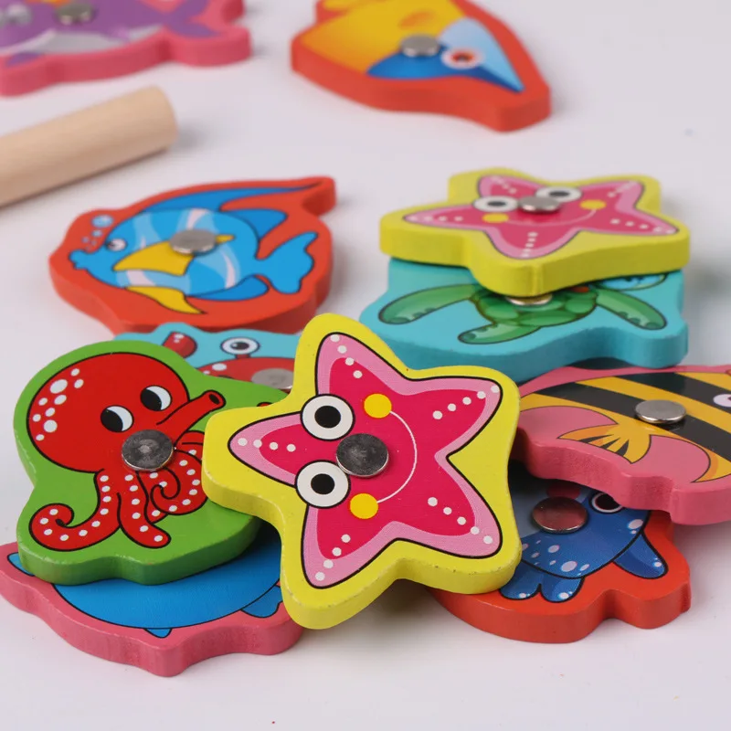 モンテッソーリ木製磁気釣りゲーム、マグネット魚キャッチパズル、子供向け知育玩具、運動能力トレーニングトイ