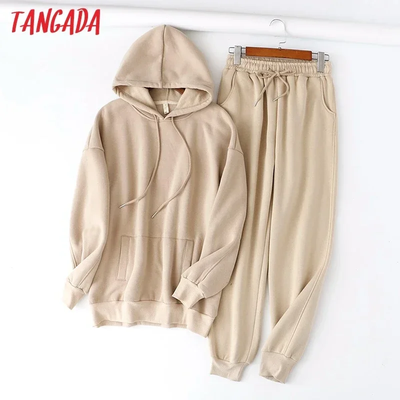 Tangada 2022 Autumn Winter Women tracksuit thick fleece 100% cotton suit 2 pieces sets hoodies sweatshirt and pants suits 6L17