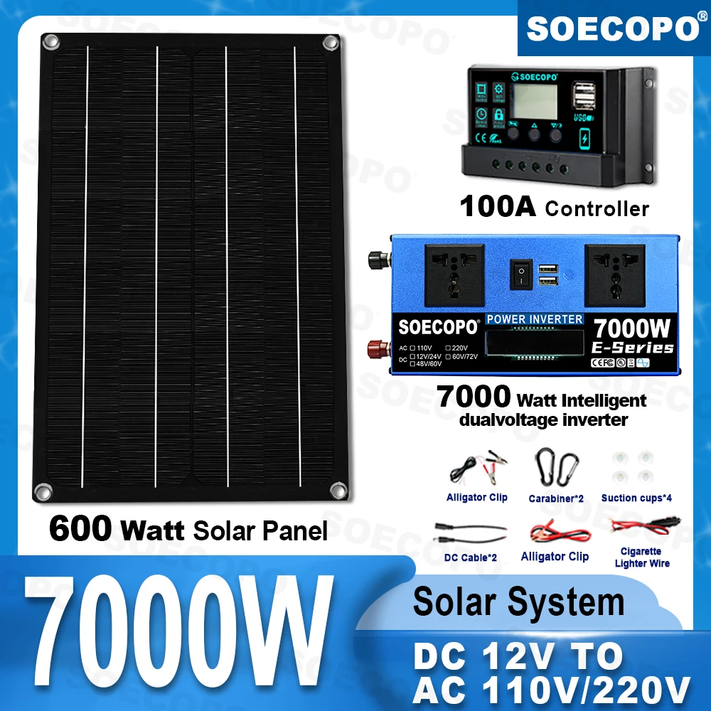 

SOECOPO 7000W Solar Power System Kit 600W Panel 100A Controller Dual 12V 24V to 110V 220V Inverter 2 Socket for Home Camping