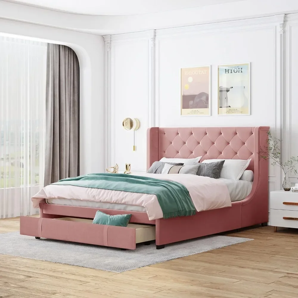 

Large Upholstered Platform Bed Frame with Storage Drawers, Velvet Bed Frame, Sturdy Wooden Slatted Support, Pink