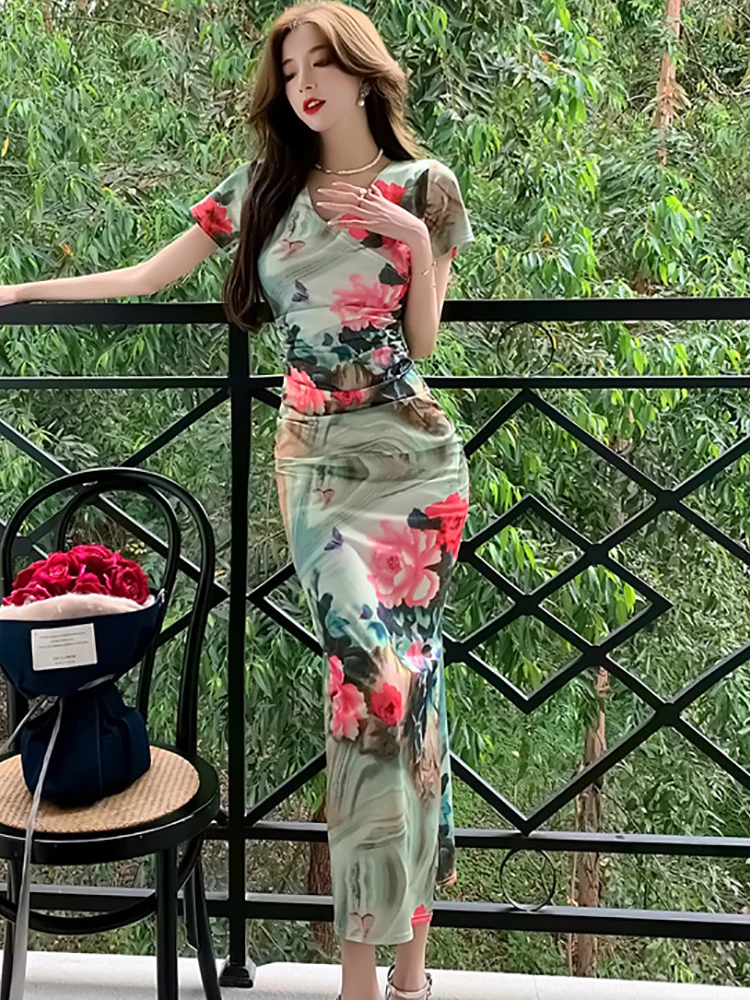 Summer Boho Floral Short Sleeve V-Neck Casual Dress Women Elegant Holiday Prom Dress 2024 Korean Fashion Bodcyon Evening Dresses