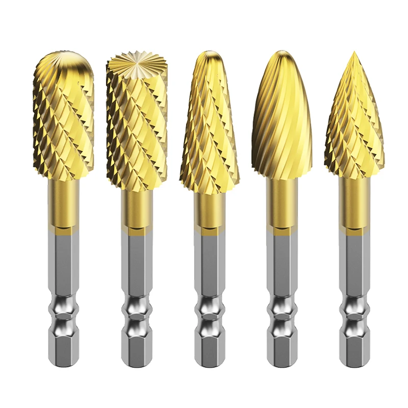 LIDIAO Titanium Coating Rotary Burrs Rotary File Hexagon Shank Abrasive Tools Engraving Grinding Polishing Bit for Metal Wood