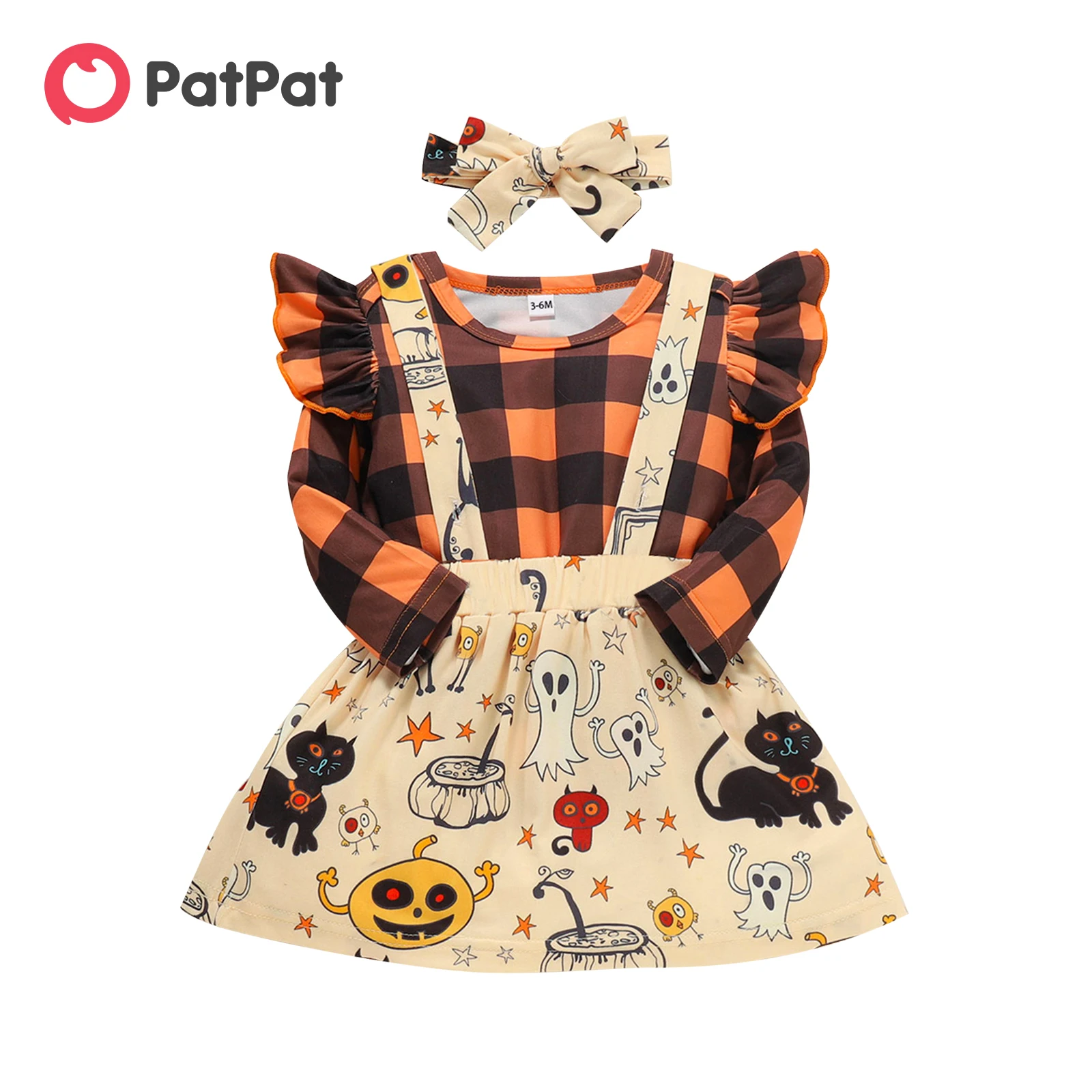 PatPat 3pcs Halloween Costumes Style Plaid Print Ruffle Decor Long-sleeve Orange Baby Halloween Clothes Set