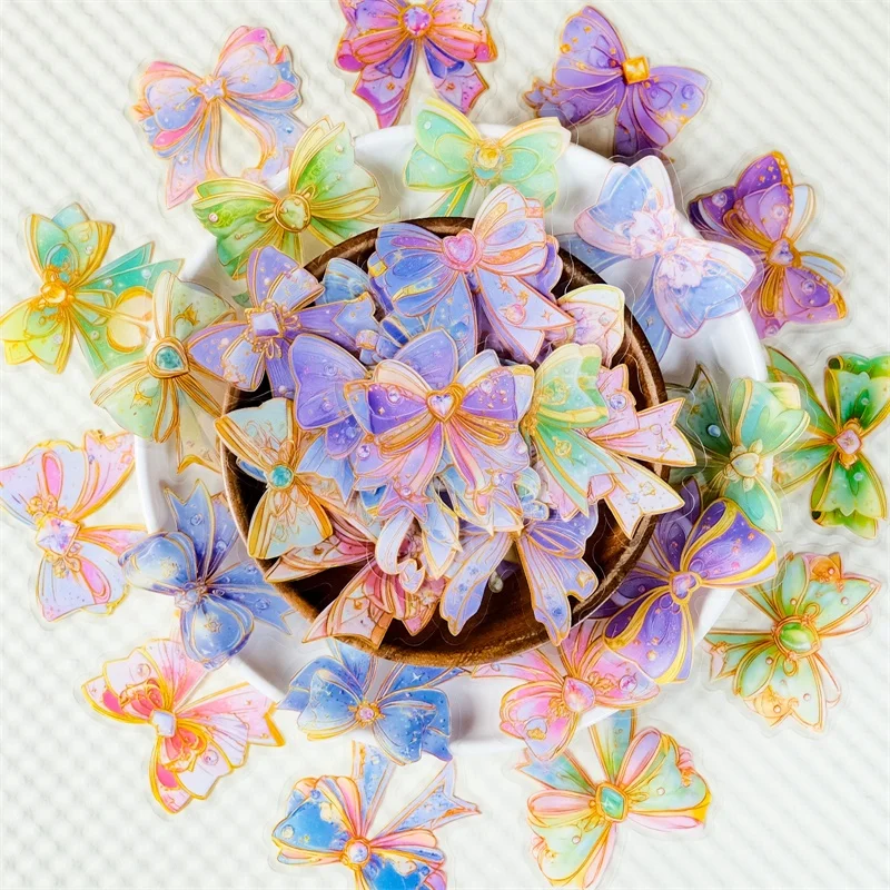 

56PCS Kawaii Dreamy Bow PET Sticky Sticker Aesthetic Tear Open DIY Decoration Scrapbooking Sketchbook Supplies for Kids