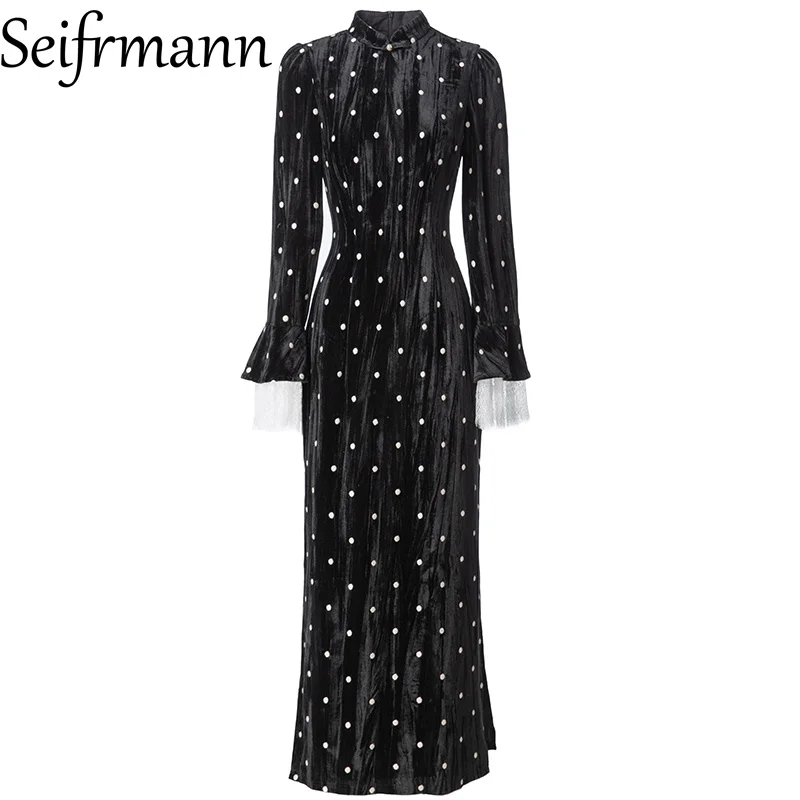 Seifrmann 2026 Spring Women's Clothing New Style Elegant Stand up Collar Long Sleeve Wave Point Waist Cheongsam Dress