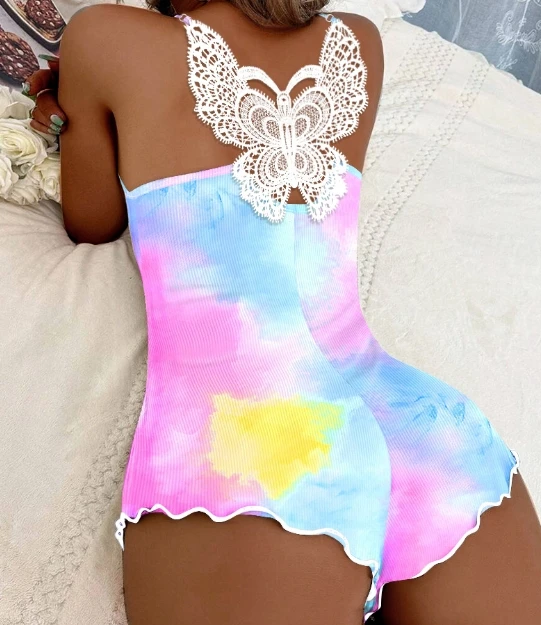 

Women's Romper Sexy Home Nightgown Gradient Print V-neck Spaghetti Strap Butterfly Lace Patchwork Skinny Mini Jumpsuit