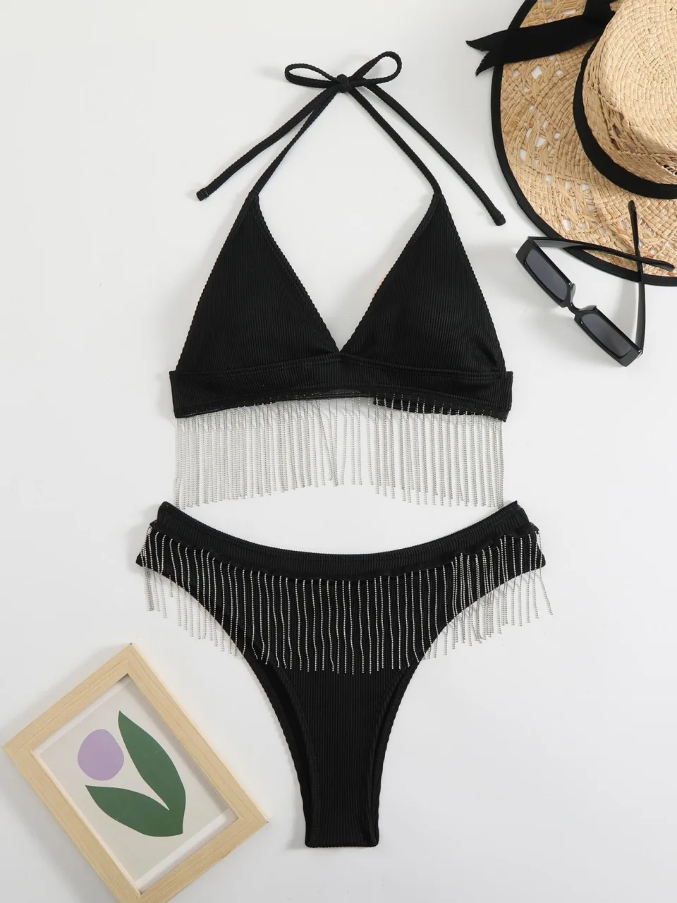 Sexy Black Tassels Bikini 2026 Women Halter Swimsuit Triangle Swimwear Female Bathers Bathing Swimming Suit Padded Beachwear