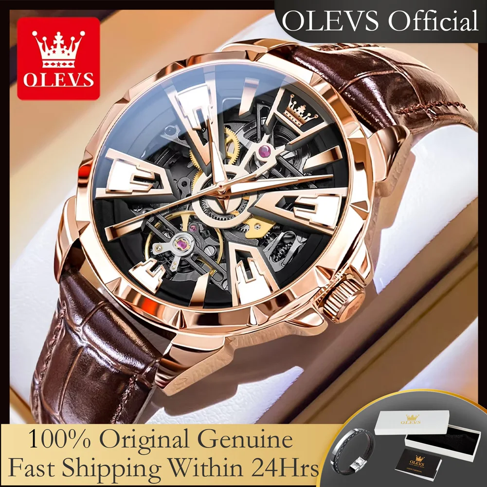 

OLEVS 7051 полые автоматические механические часы для мужчин, модный кожаный ремешок, водонепроницаемые светящиеся оригинальные брендовые роскошные мужские часы