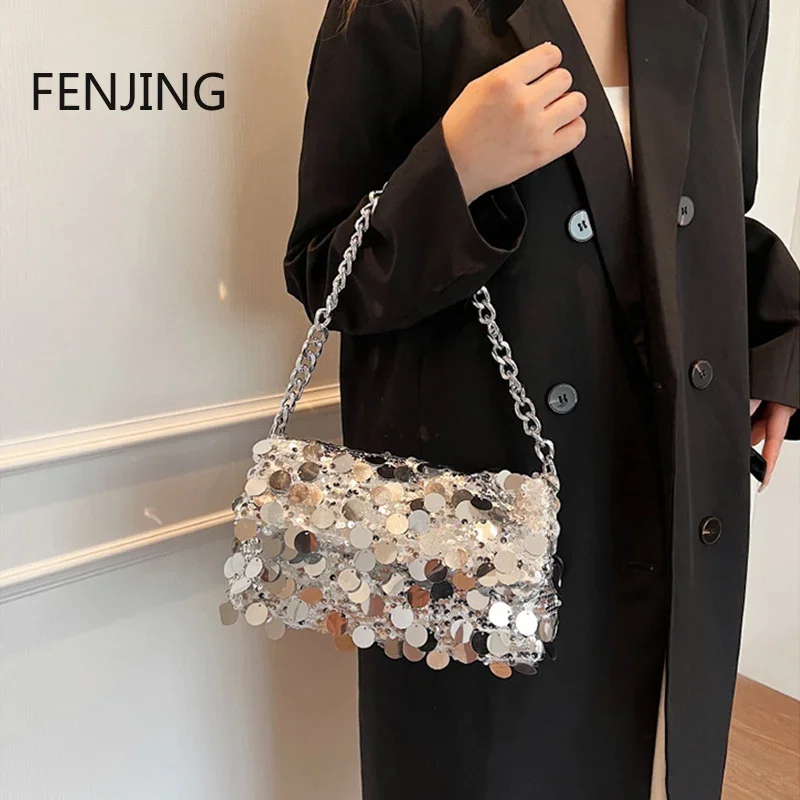 Sequined Shiny Handbags Women 2023 New Fashion Shoulder Crossbody Bags Luxury Party Evening Bags Purple Over Envelope Bags