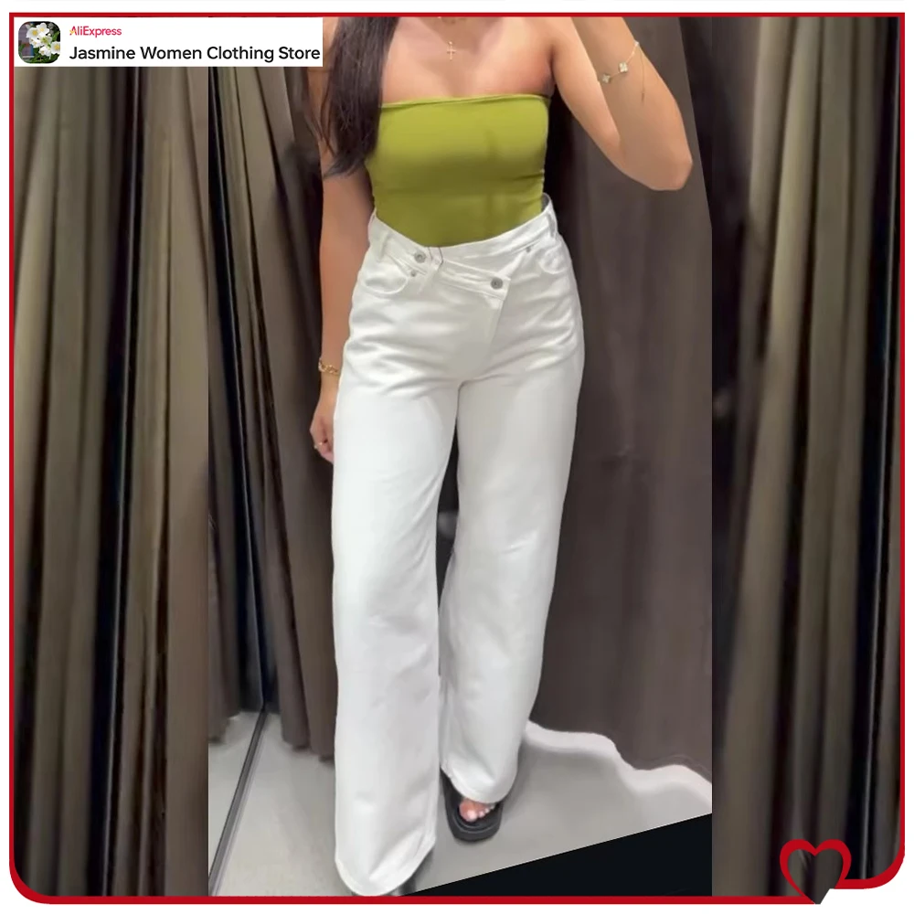 

High Street Wide Leg Crossover Waist Jeans for Women Casual Comfy Denim Baggy Pants with Asymmetrical Front Zip and Five pockets