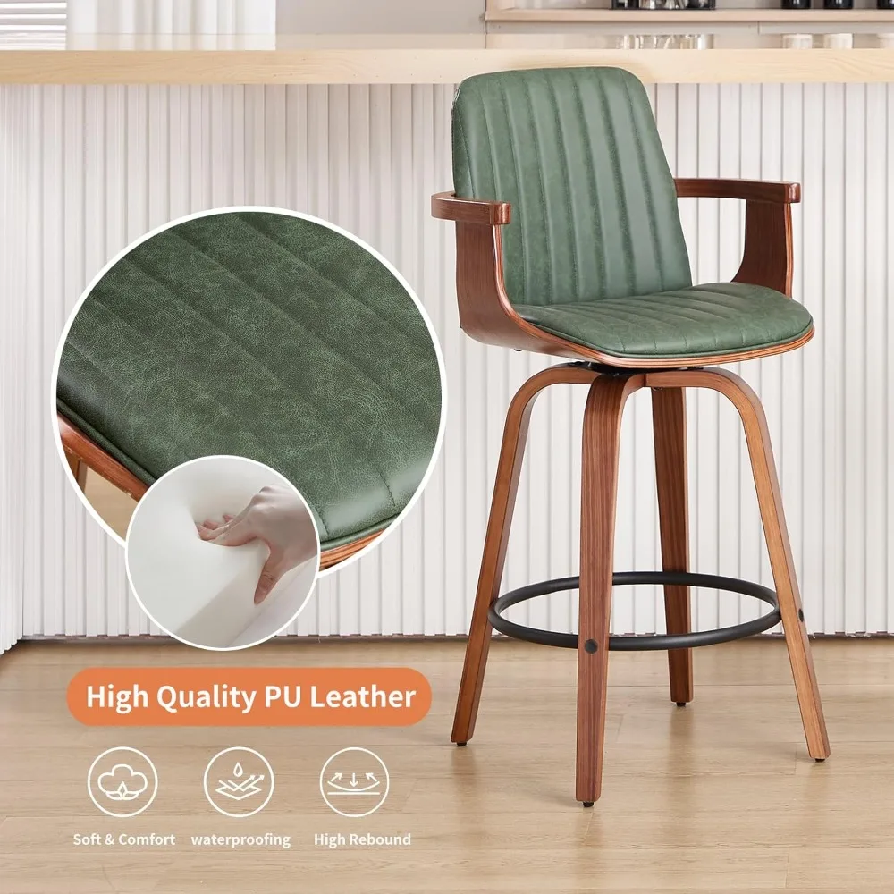 Counter Height Bar Stools Set of 2, 26 Swivel Bar Stools with High Backs and Arms, Modern PU Leather Bar Chairs for Kitchen Isla