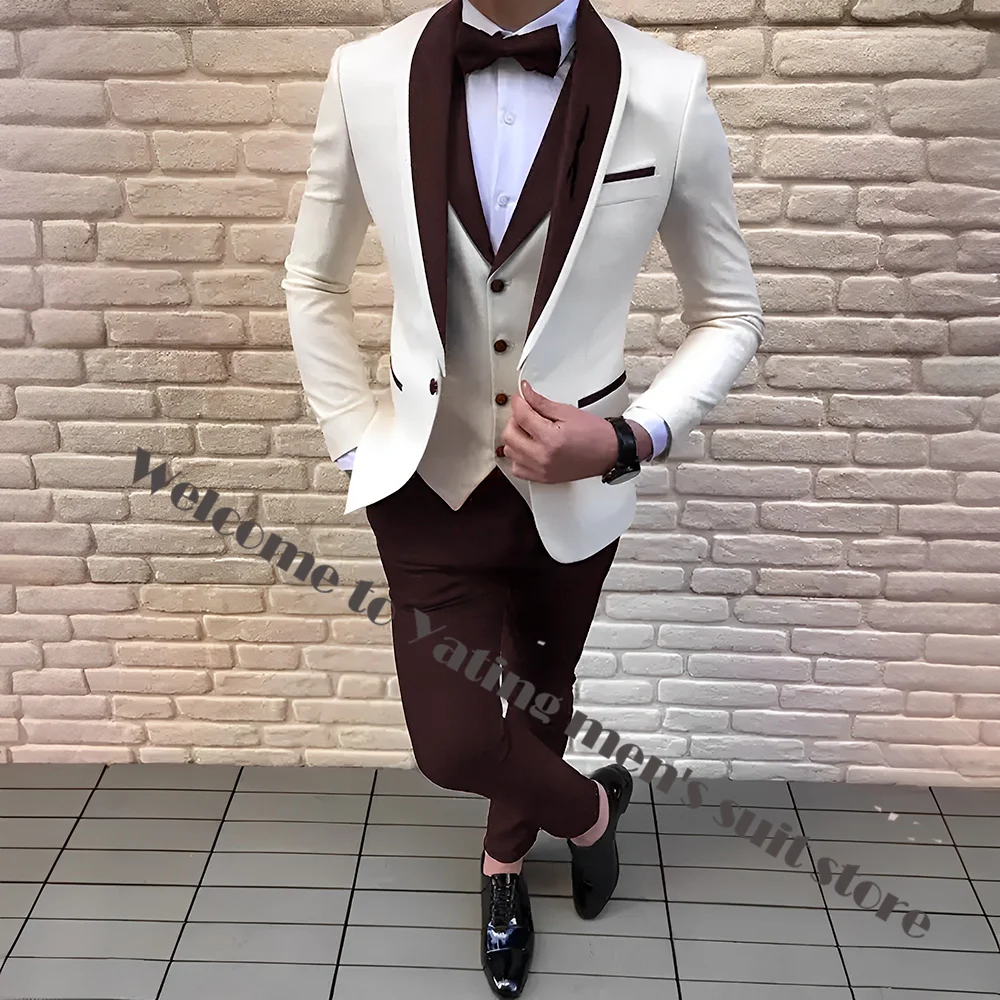 Handsome Men Suits 3 Pieces Ivory Blazer Sets Red Shawl Lapel Groomsmen Formal Party Suit Groom Tuxedo For Wedding