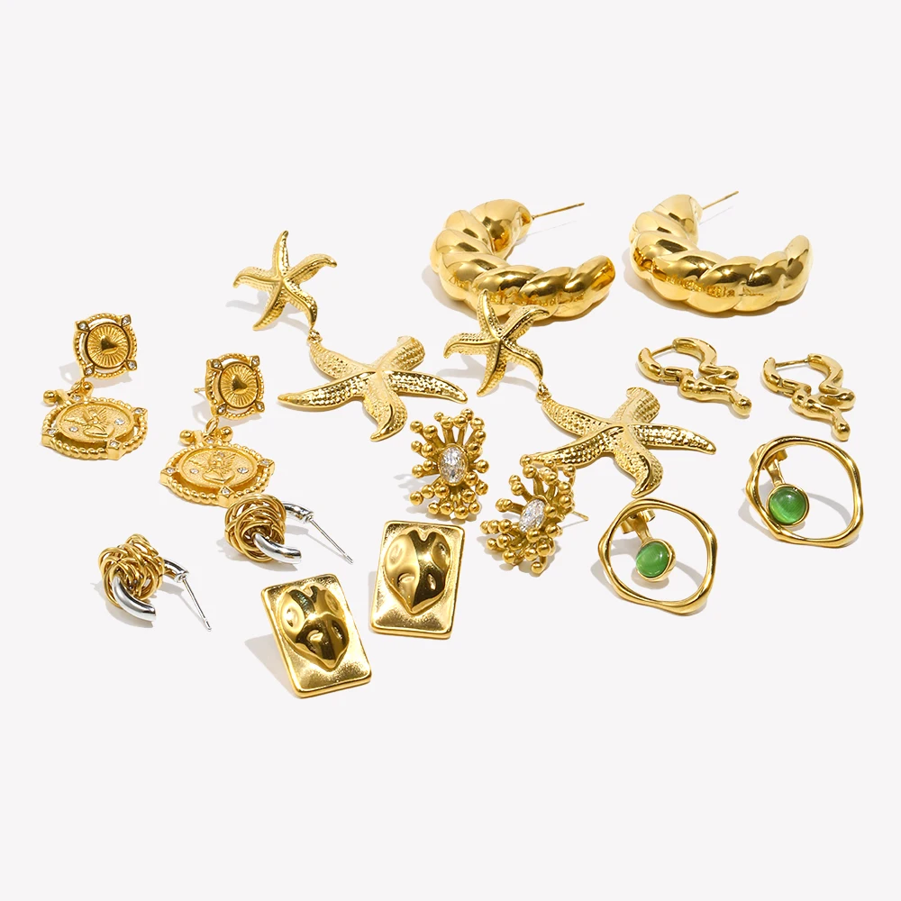 Hammer Pattern Hollow Hexagonal Geometric Oval Zircon Irregular Heart-shaped Enamel 18K Gold Plated 316L Stainless Steel Earring