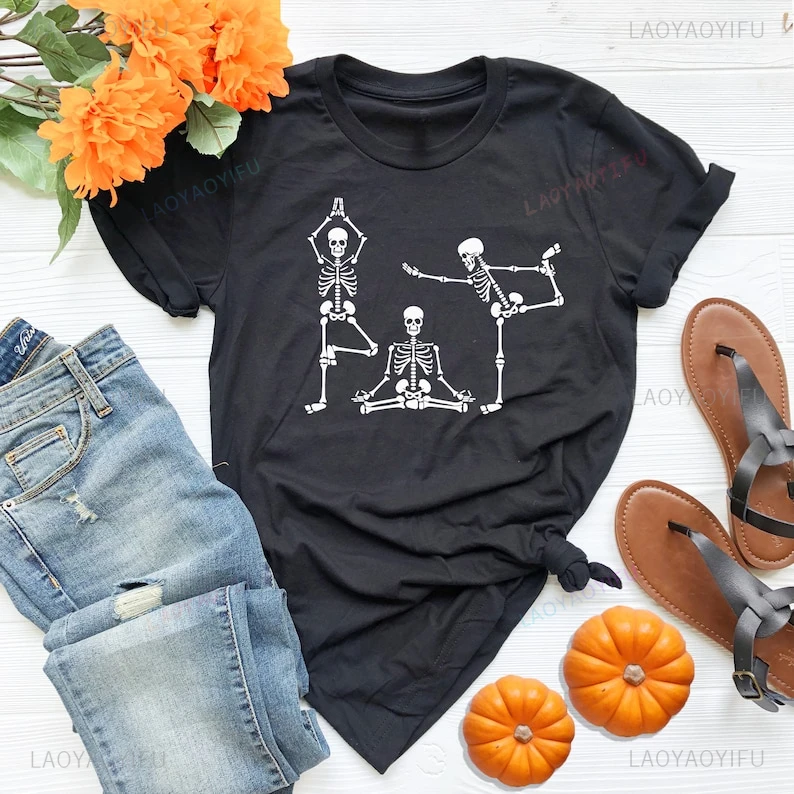 Skeletons Yoga Halloween Lover Meditation Graphic T Shirts Gift for Yogi Skeleton Meditation Woman Man Cotton Namaste Shirt