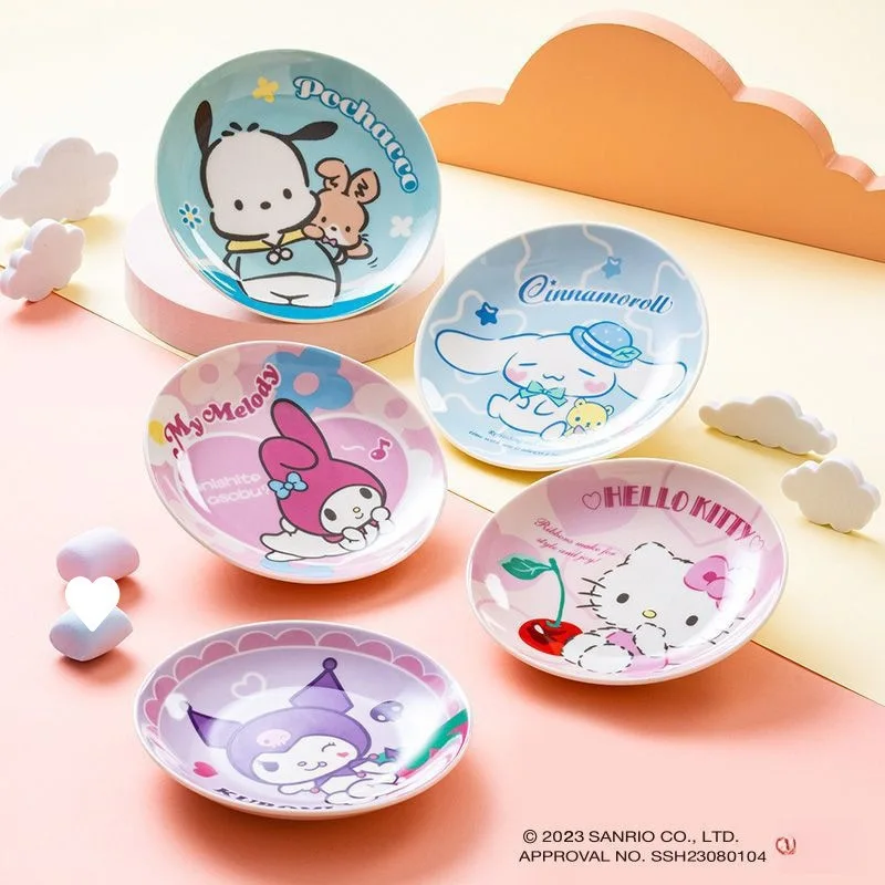 

Anime Sanrio Flat Plate Hello Kittys Accessories Cute Kawaii Household Fruit Dried Fruits Snacks Ceramic Plate Toys Girls Gift