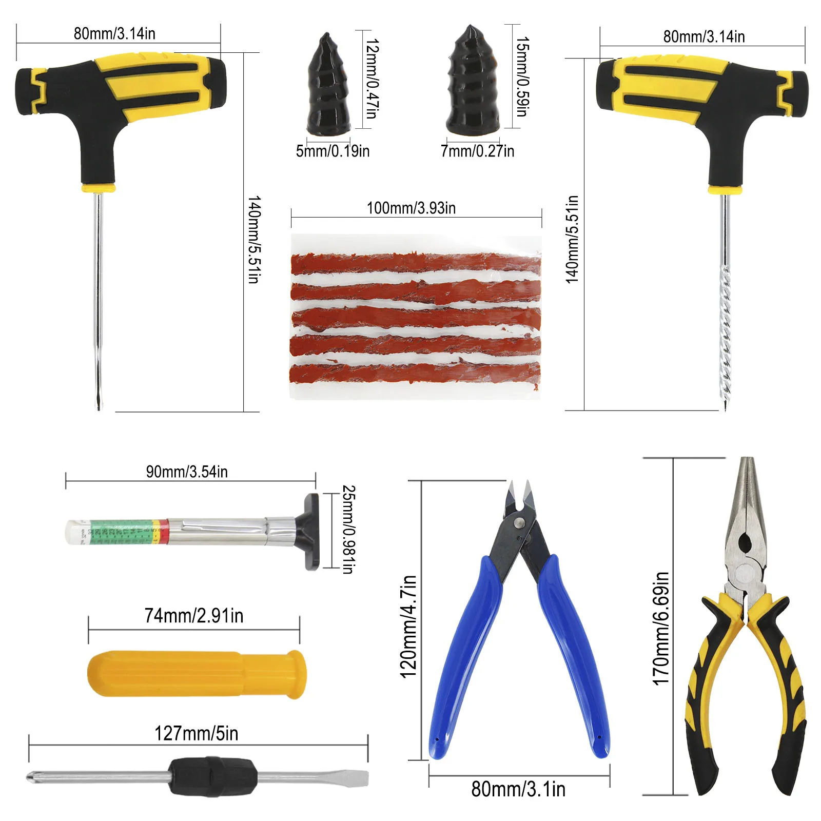 Car Repair Tool Kit Emergency Tubeless Tire Puncture Plug Vacuum Nail Screws Tyre Pressure Gauge Pliers Pick & Hook Set With Bag