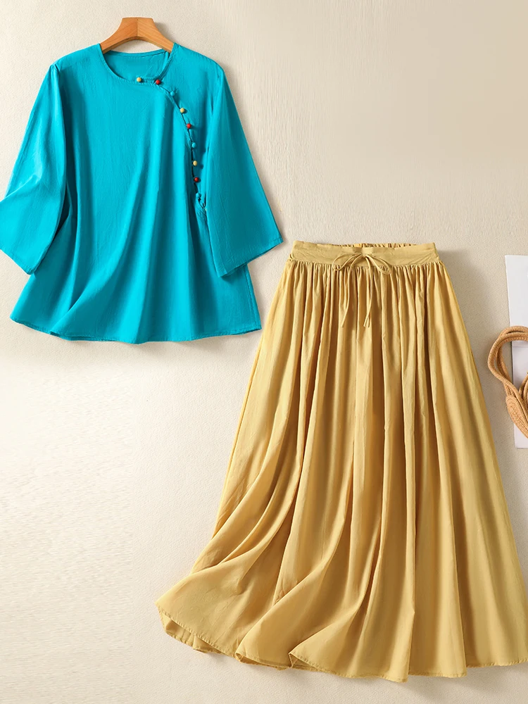 

Fashionable Artistic Short Loose Casual Two-Piece Set Color Shirt Waist Drawstring Half Skirt for Women Summer