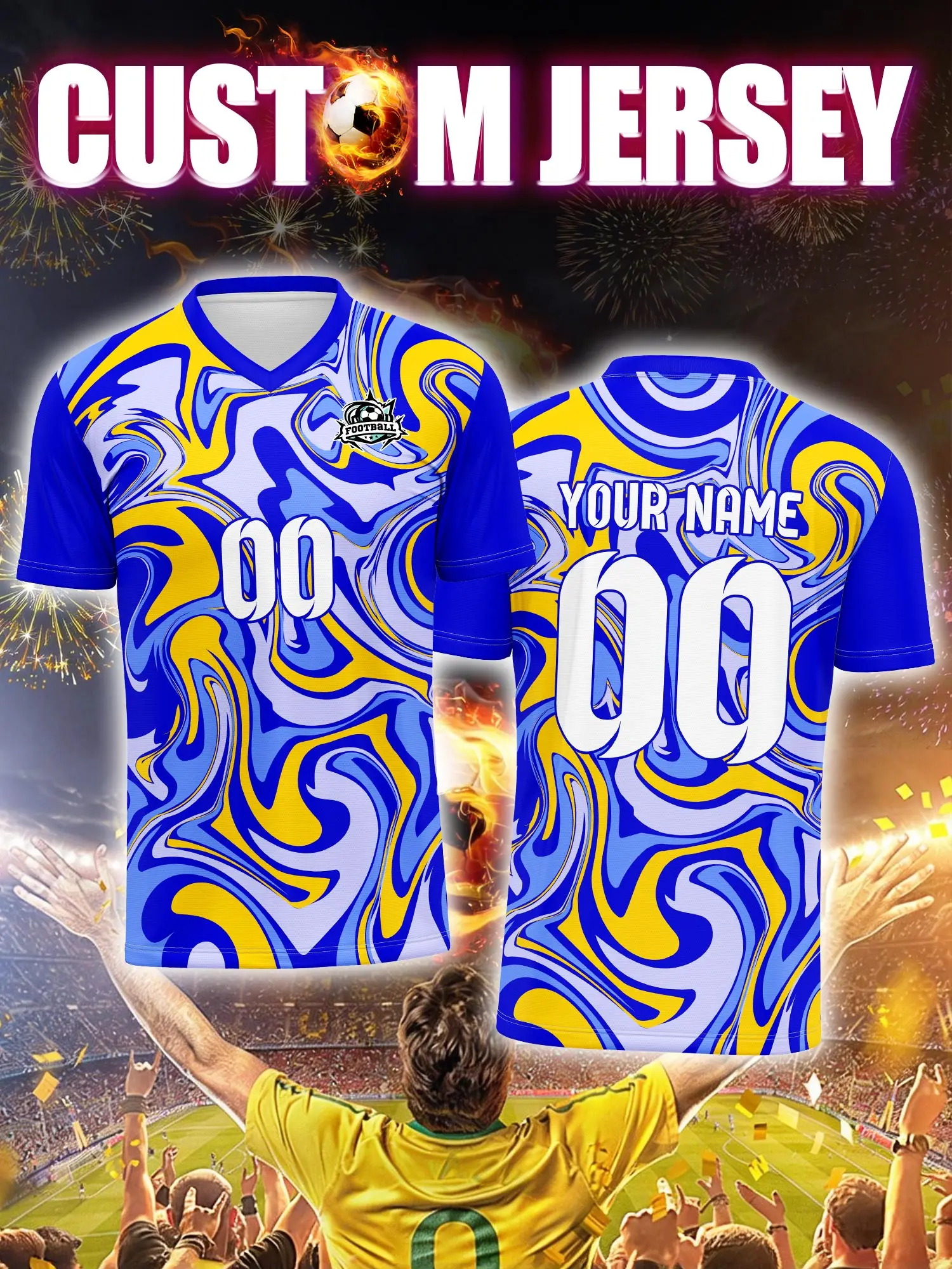 Camiseta de fútbol personalizada con imagen, número y nombre personalizados, uniforme de equipo de diseño moderno y a la moda.