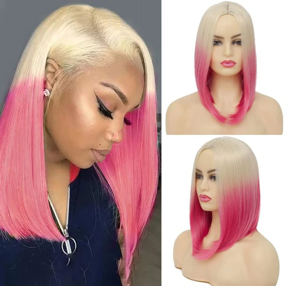 

Ombre Pink Short Bob Wig Human Hair Straight Blue 13x4 Lace Frontal Wig With Natural Hairline Pre Plucked Short Human Hair Wigs
