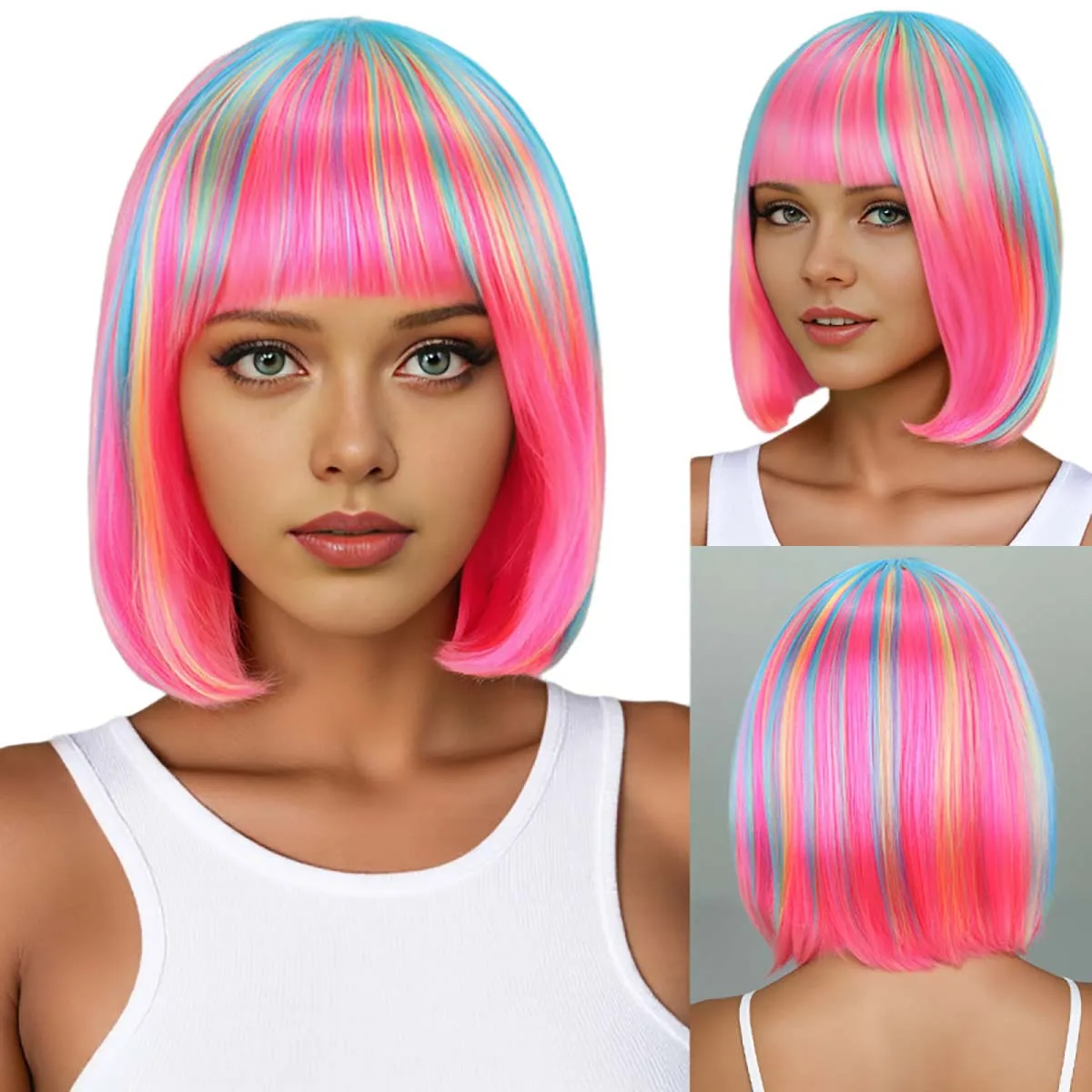 Halloween Cosplay Regenbogenfarbene synthetische Bob-Perücke für tägliche Versammlungen