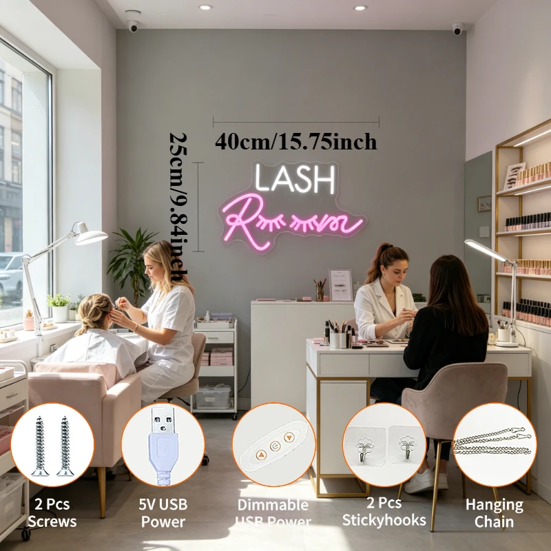 Lash Room Neon Sign LED Eye Lash Extension Salon Sign USB Vanity Light Dimmable Wall Art for Bedroom Store Makeup Decor Gift