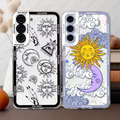 Funny Sun Moon Face Case For Samsung Galaxy S25 S24 S20 S21 S22 S23 Plus FE A55 A54 A35 Ultra Soft Cover