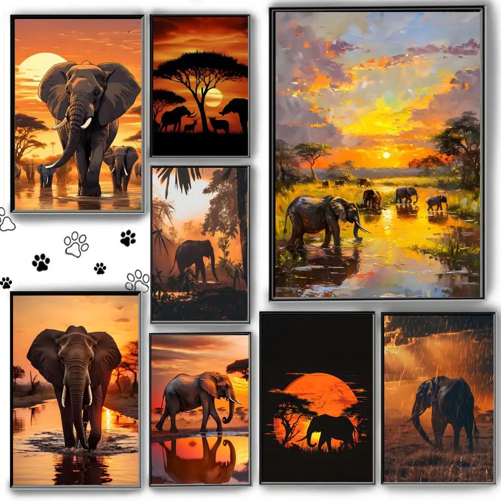 

Poster HD Anime Hot Theme Singer/OST/Movie-Waterproof Self-Stick Home Decor Elephants Sunset Landscape Wild Elephant Animal Art