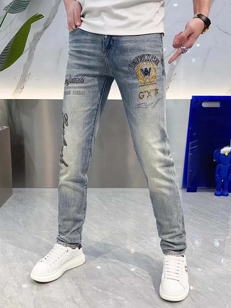 

Stanchion Brand Men's Jeans Spring Summer New Sle Letter Embroidery Print Versatile Slim Fit Ankle-Length Casual Pants