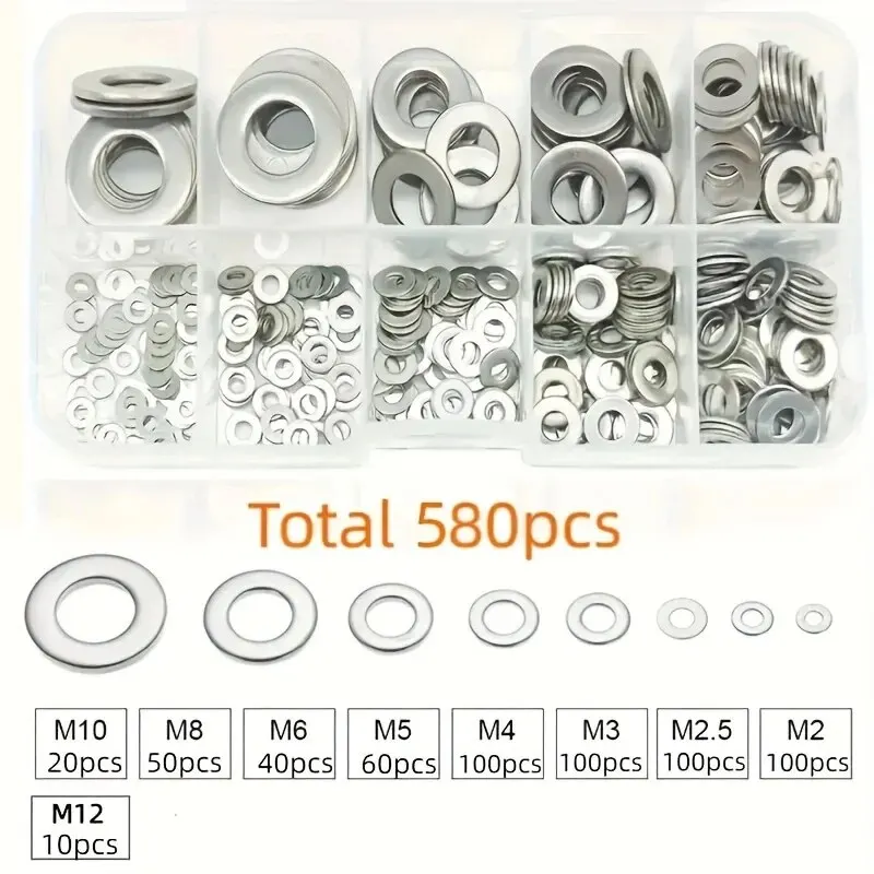 360/580pcs 304 Stainless Steel Flat Washers Set, Perfect For Home Decor, Factory Repair, Kitchens, Shops & More image 2