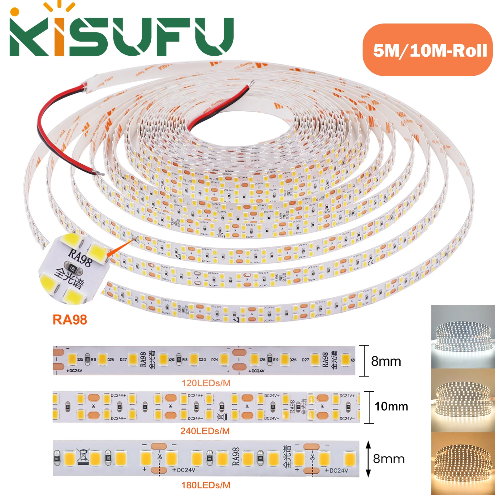 5M 10M RA98 LED Strip Light DC 12V 24V 120 180 240 LEDs/M Flex Ribbon Adhesive Tape 3000K 4000K 6000K High CRI Linear Lighting