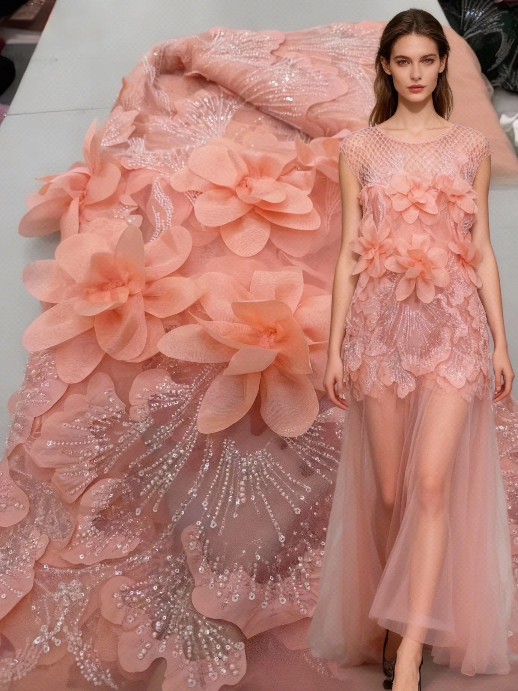 

2026 New High Quality Luxury 3D Big Flower Lace Shiny Sequins Handmade Mesh Lace Tulle Fabric Swiss Bride Wedding Party Sewing