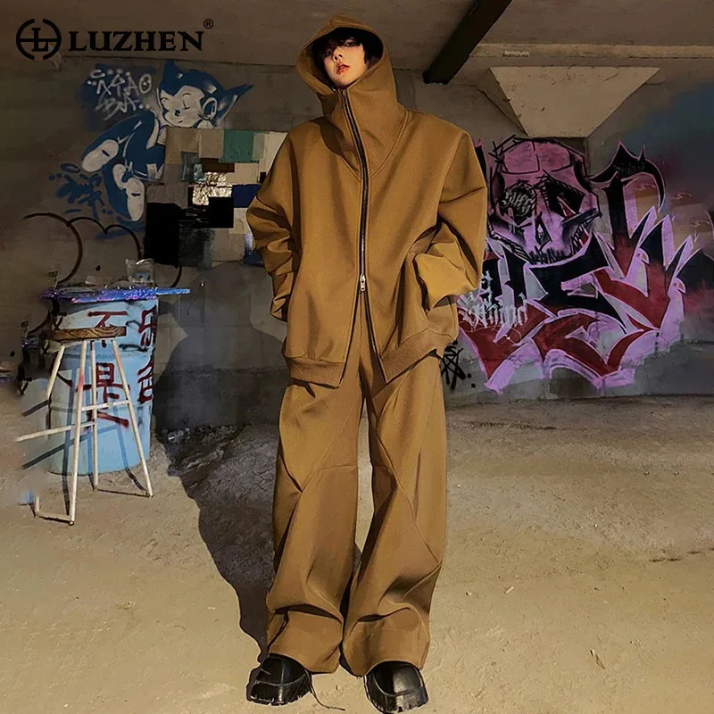 

LUZHEN Solid Color Baggy Street Two-piece Sets Men's 2025 New Original Handsome Hooded Coat Stylish Straight Casual Pants JY4485